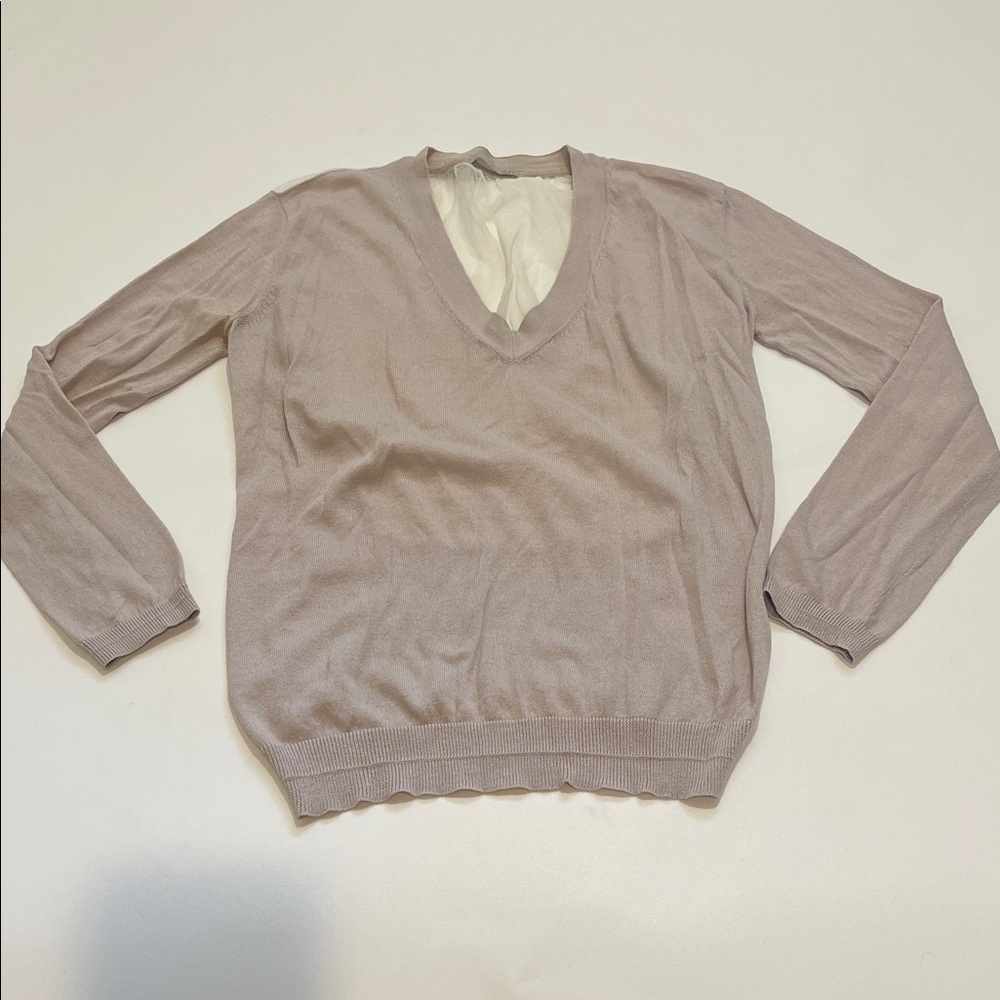 Skin Women’s V-Neck Lightweight Sweater in Dusty Taupe Mesh Back